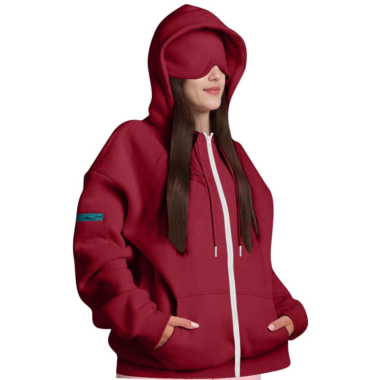 nivaa Women Hoodie with Eye Mask Fashion Soft Lightweight Comfortable for Airplane Red-picture-24
