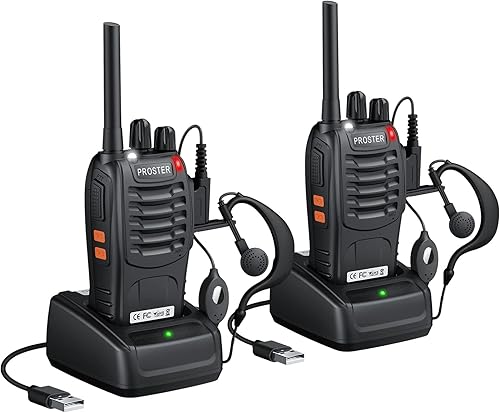 Proster Walkie Talkies recargables 1 par radios bidireccionales de largo alcance de 16 canales con cargador USB micrófono de auricular transceptor