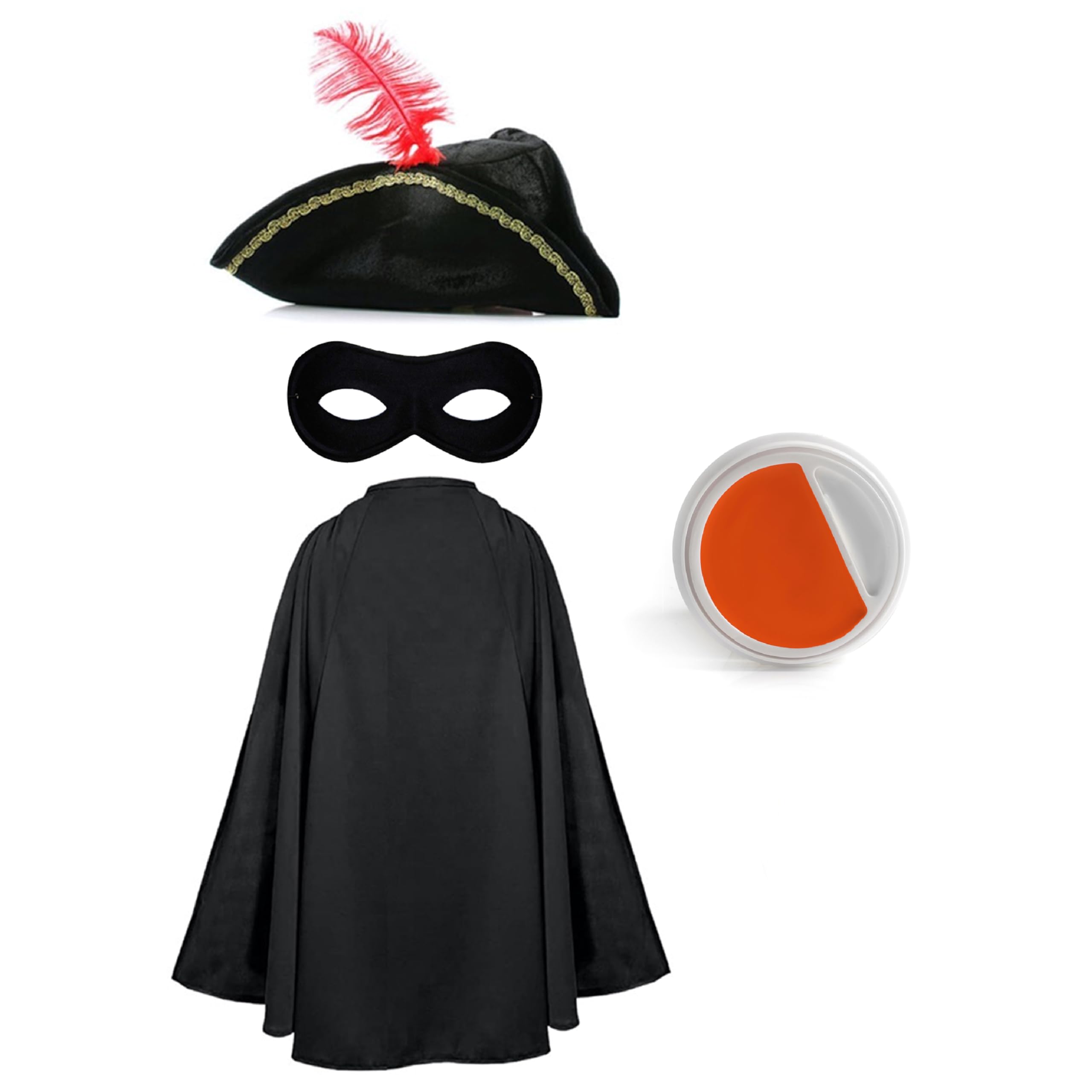 Adults Cat Bandit Costume - Black Tricorn Hat, Black Cape, Black Eye Mask and Orange & White Facepaint - Adults TV Movie World Book Day Fancy Dress Costume