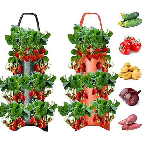 Bolsa de Plantación,2Pcs Bolsas de plantas de plástico colgadas verticalmente,bolsas de plantas de fresa transpirables de 6 agujeros con bolsas de Maceta plantación para cultivo de tomates y verduras