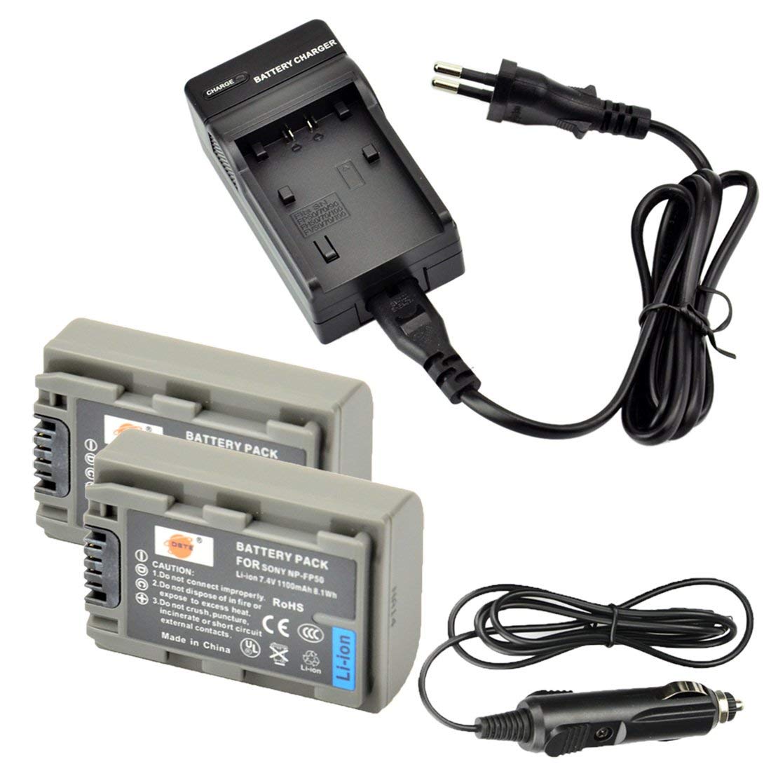 DSTE 2-Pacco NP-FP50 Batteria + Caricabatteria Compatibile per DCR-30 DCR-DVD105 DCR-DVD105E DCR-DVD202E DCR-DVD203 DCR-DVD205 DCR-DVD304E