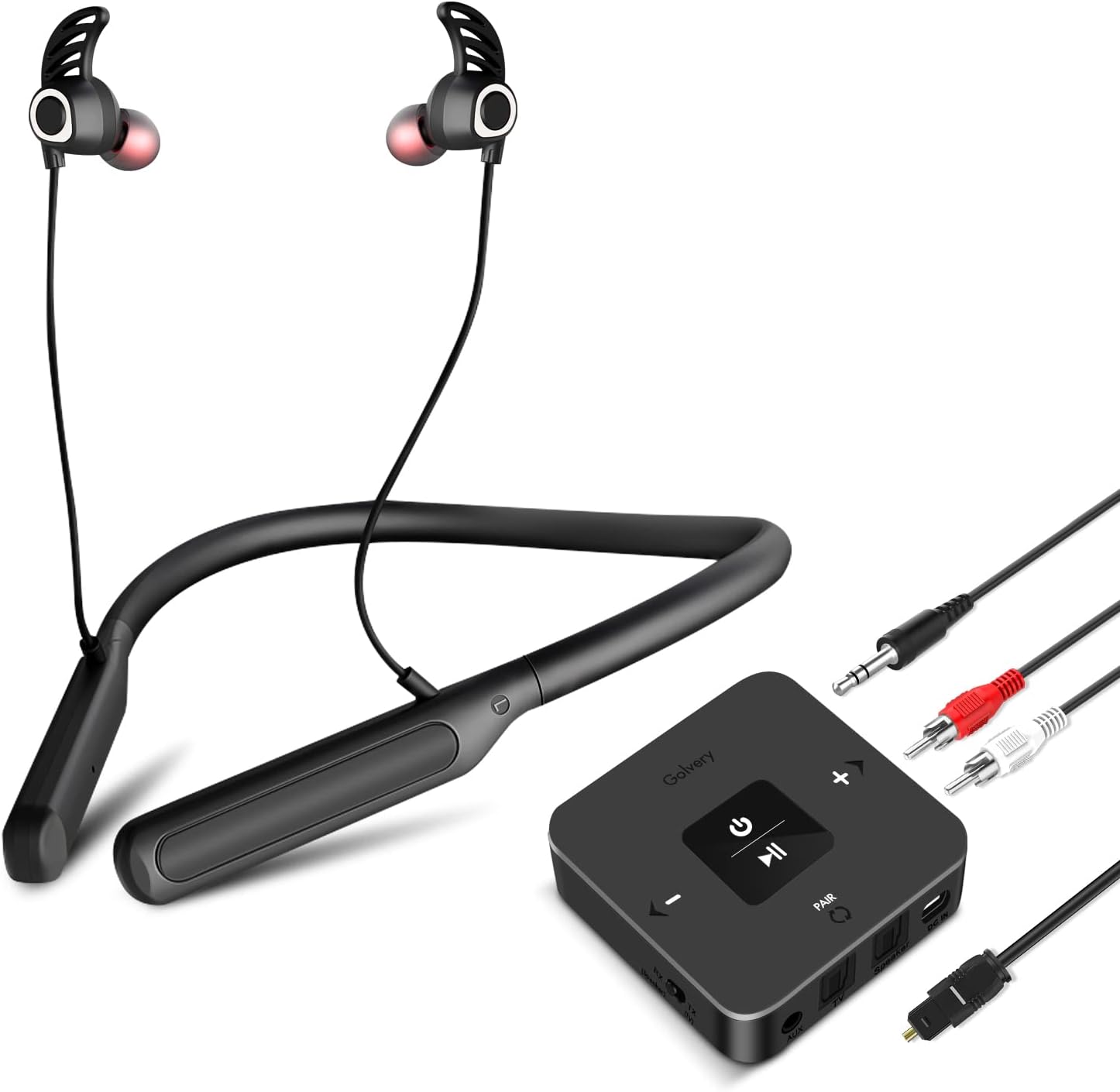 Bluetooth Headphones Transmitter for TV Watching, Golvery Neckband Wireless Stereo Earphones Earbuds Set w/Transmitter Adapter for Optical Digital, RCA, 3.5mm Aux TVs, Plug n Play, No Audio Delay
