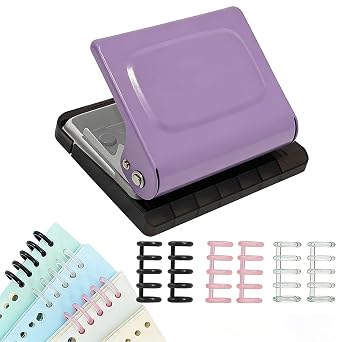10 Hole Punch Binding Machine for Planners, Manual Paper Puncher for DIY Loose Leaf Notebooks, Includes 18 Colorful Binder Rings, Perfect for A4/A5/B5 DIY Scrapbooking, Purple