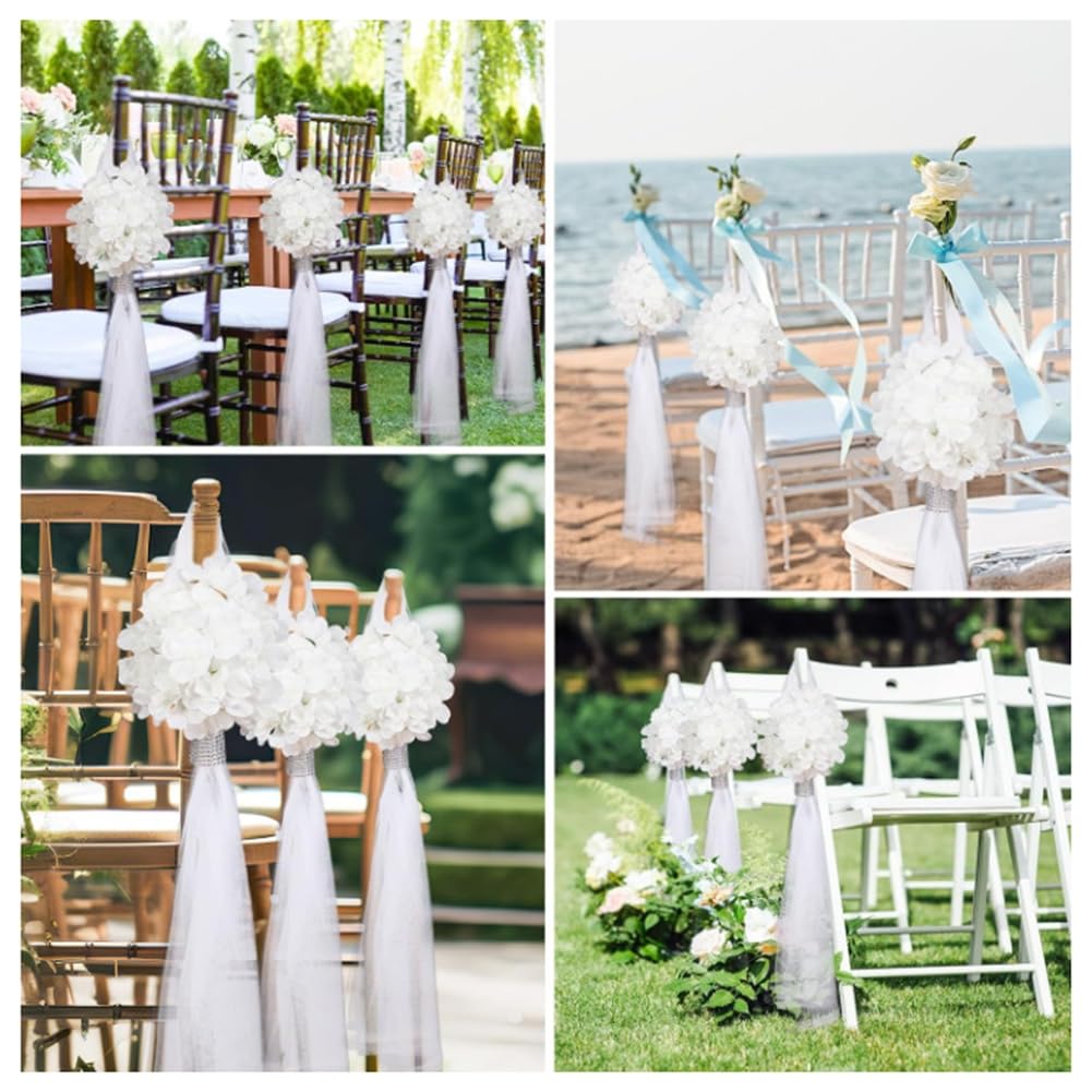 Hochzeit Gang Dekorationen für Zeremonie Hochzeitsstuhl Kirchendekorationen Langen Tüllschwänzen mit Strass-Wickel und Blumen für Hochzeiten Bank Brautparty Kirchenbänke Weiße Hortensie 24 Set