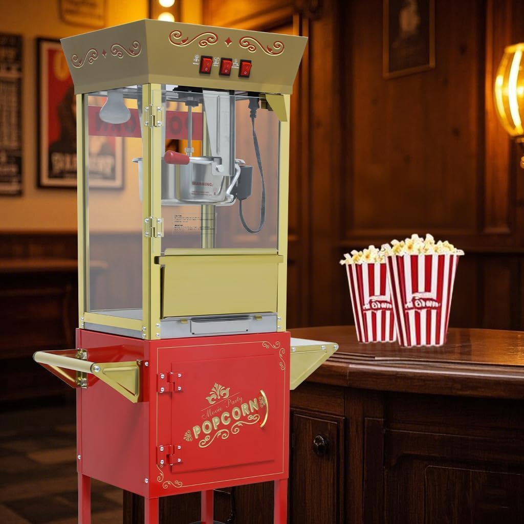 Popcorn Maker Machine - Professional Cart With 12 Oz Kettle Makes Up to 80 Cups, Stainless Steel Vintage Commercial Popcorn Machine Movie Theater Style (Red)