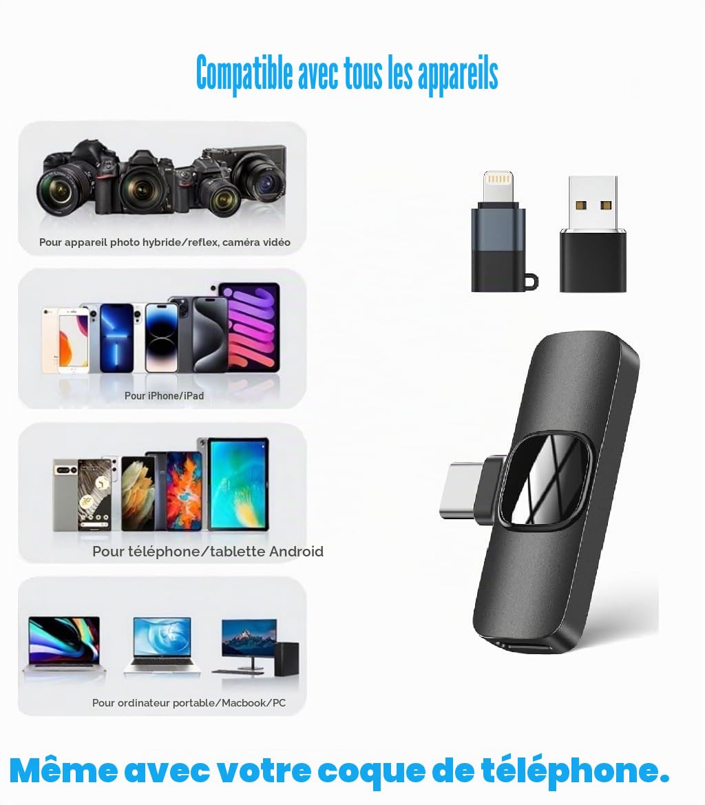 Micro Cravate sans Fil pour iOS/Android, Plug & Play, Réduction Intelligente du Bruit, Enregistrement Vidéo/Vlog/Podcast, 2 Mics, sans Application, USB-C & iOS Compatible (Beige)