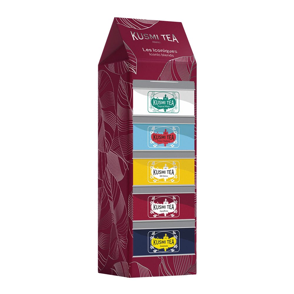 Kusmi Tea - Coffret "Les Iconiques" - Assortiment de Thés Bio - Idée Cadeau Homme et Femme - Thé Noir, Thé Vert, Thé Blanc et Infusion - Fabriqué en France - 5 Boîtes de 25g