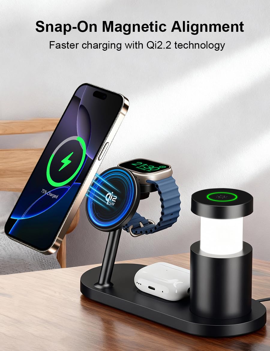 Estación de carga para reloj y iPhone, cargador inalámbrico Qi2 con carga rápida de 25 W máxima