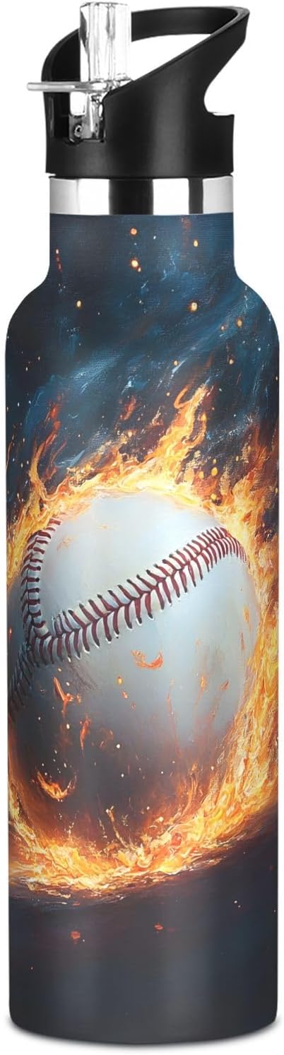 Baseball Insulated Water Bottle with Straw Lid,Vacuum Stainless Steel Mug Leakproof Tumbler Baseball Kids Water Bottle for Sports Travel School,20oz