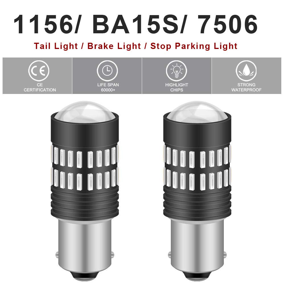 1156 BA15S P21W 7506 Bombillas LED Rojo 2400LM 48-SMD 4014 Chipsets con proyector para luces de marcador laterales de freno de cola (paquete de 2)