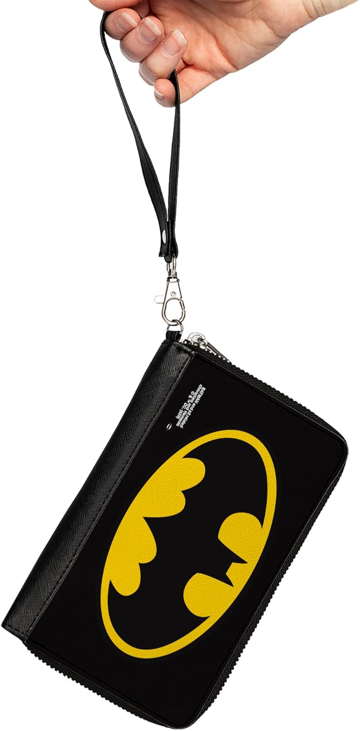 Womens PU Zip Around Wallet Rectangle Batman Bat Logo Black Yellow