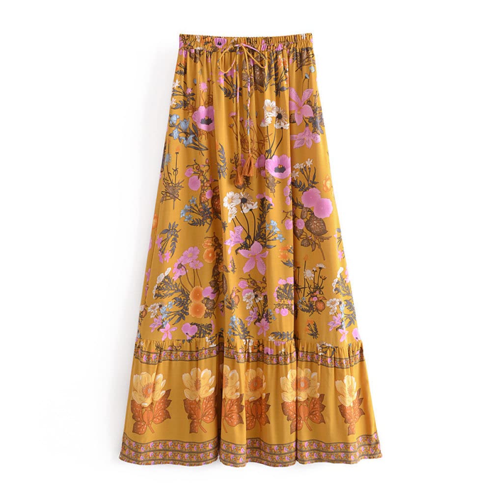 Mierfens Falda Larga Informal De Verano para Mujer - Falda Midi De Fiesta Bohemia para Vacaciones En La Playa Falda Elástica De Cintura Alta Falda Acampanada, Falda Larga Plisada Lady Flowy Falda Retro con E