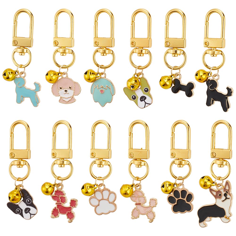 DELORIGIN12pcs Pets Collar Pendants for Cat, Dog Paw Bone Enamel Pet Small Bells with Swivel Clasps Colorful Clip-on Charms for Cat Dog DIY Craft Keyring Pendants Bag Decor, Metal, No Gemstone