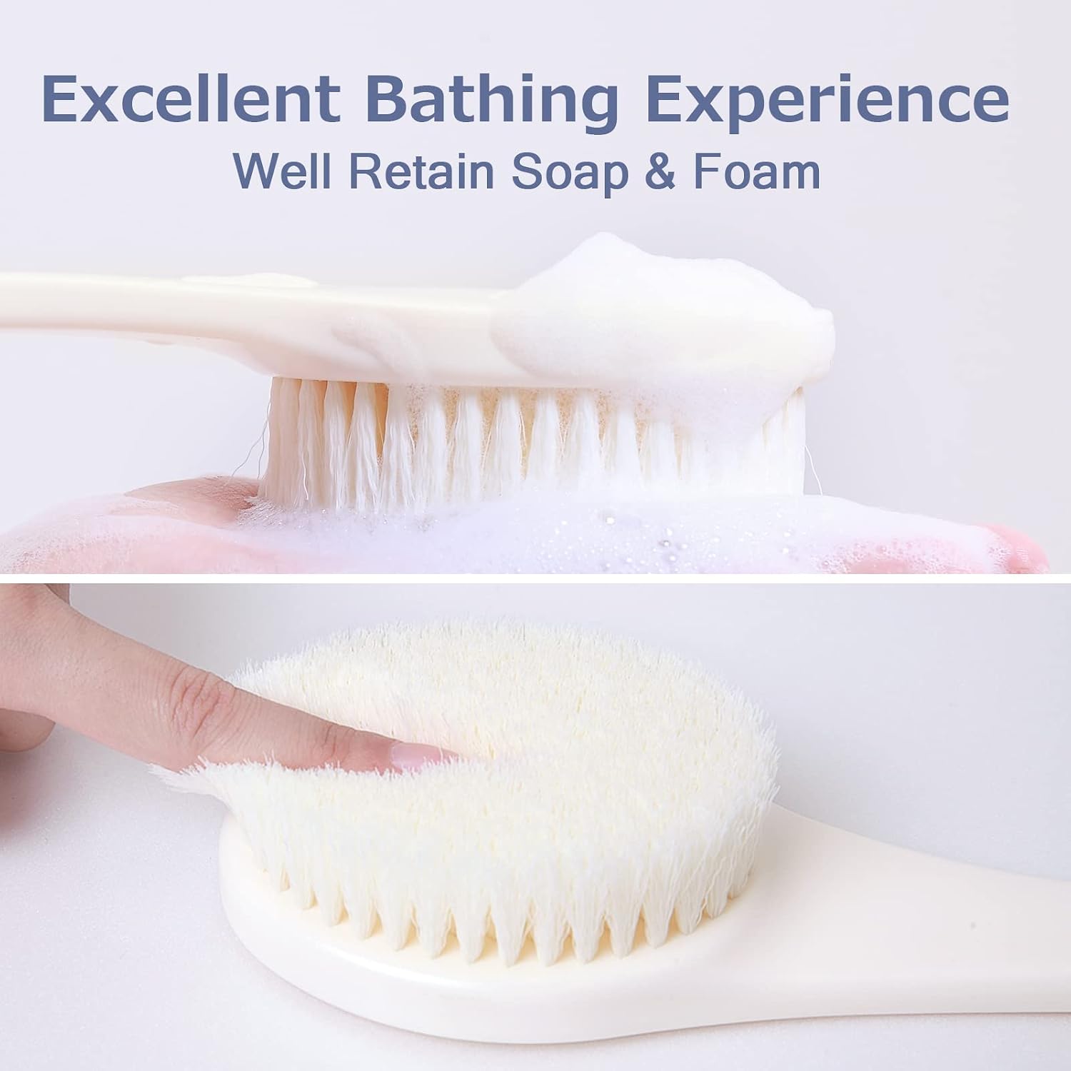 Bath Brush Long Handle for Shower, Soft Bristle Back Scrubber for Shower, Ergonomics Curved Long Handle Back Brush Exfoliating Body Scrubber with Hook and Lanyard-Cream White