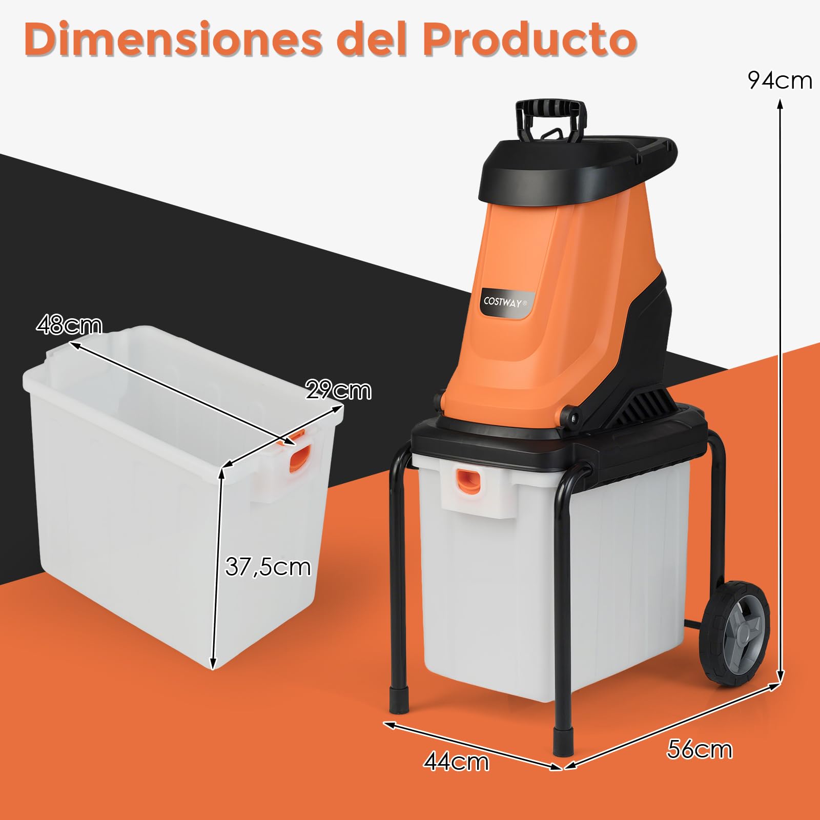 COSTWAY Trituradora de Ramas 2800W, Caja 50L, Hasta 45mm, Biotrituradora con Ruedas, Biotrituradora Electrica Jardin (naranje)