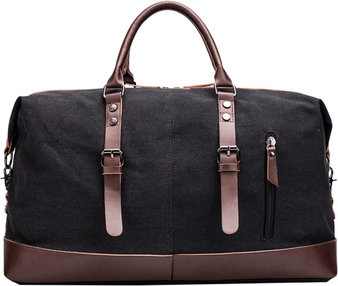 IBLUE Oversized Canvas Leather Trim Travel Tote Duffel Shoulder Weekend Bag Weekender Overnight Carryon Handbag Durable Bag,#B003 (Black)