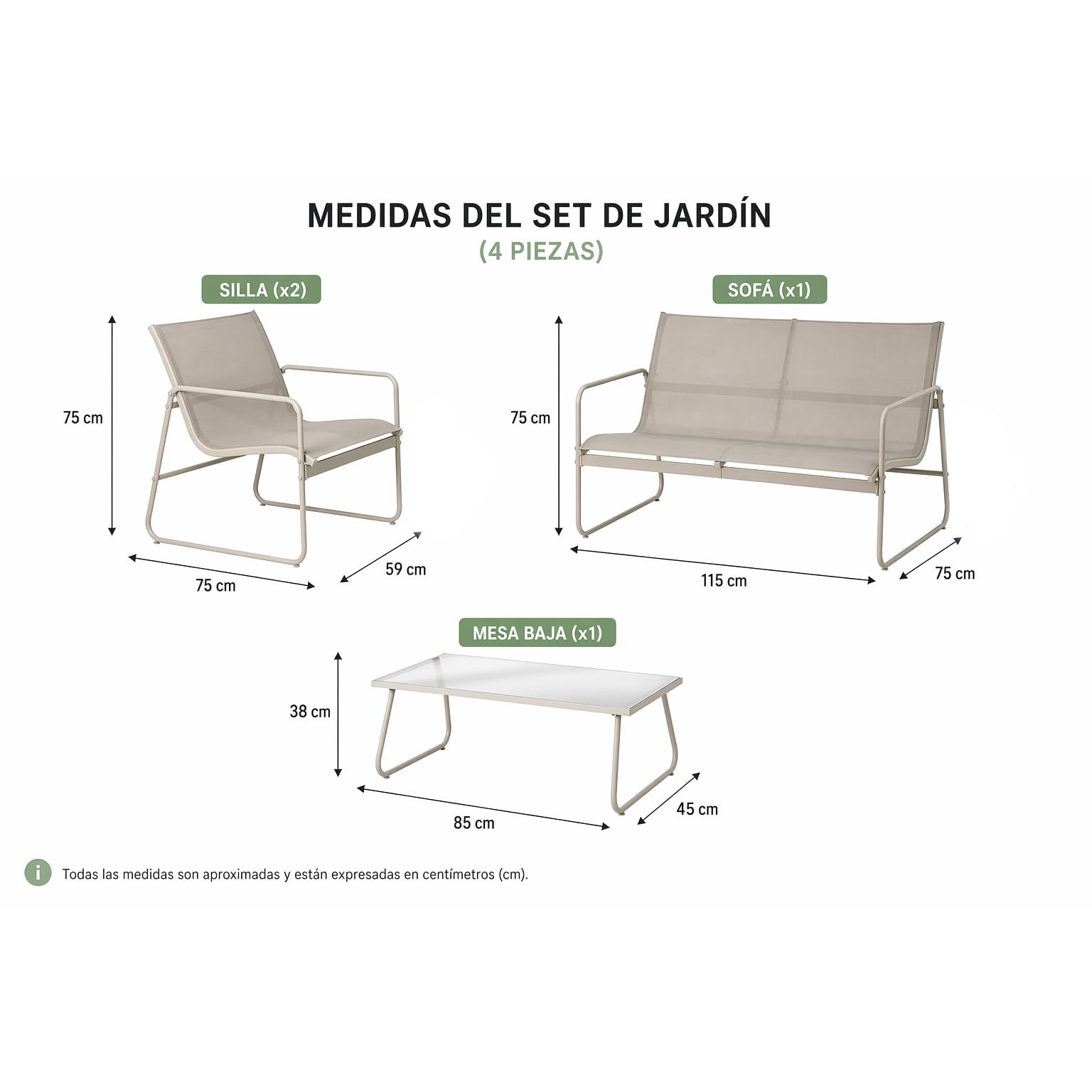 Acomoda Textil - Conjunto de Jardín 4 Piezas con Sofá, 2 Sillones y Mesa de Centro. Set Exterior para Terraza, Patio o Balcón Fácil Instalación. (Beige)
