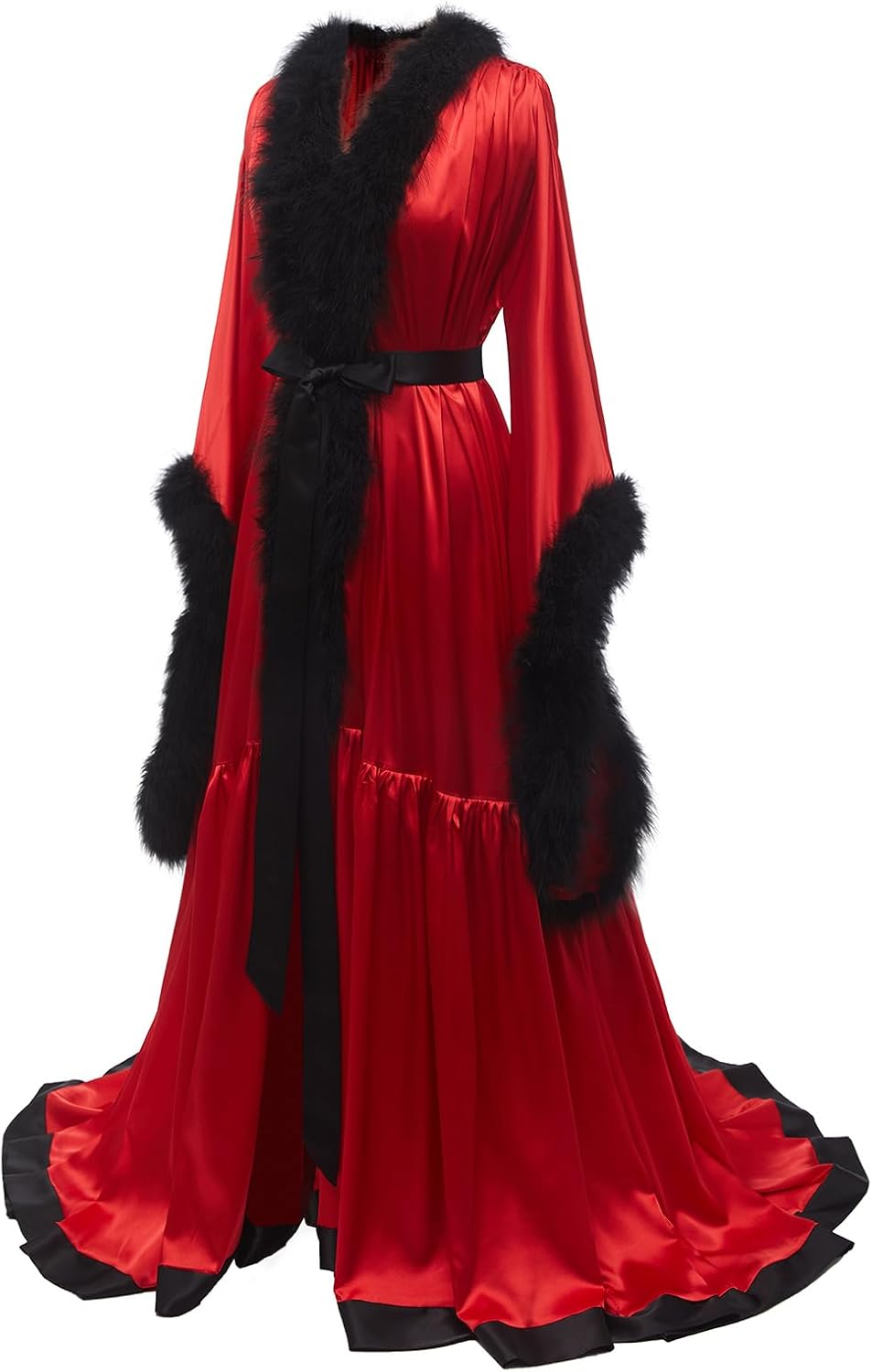 Yexinbridal Feather Fur Robe Long Bridal Silk Satin Lingerie Nightgown Maternity Dress Bathrobe Sleepwear