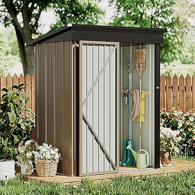GUNJI 5 x 3 FT Shed Outdoor Storage Shed Metal Garden Shed with Lockable Door Outside Waterproof Tool Shed for Backyard, Patio, Lawn (Brown)