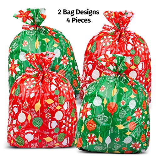Christmas Large Gift Bags – Set of 4 Xmas Present Wrapping 36”x44” Jumbo Extra Large Christmas - Gift Bag Plastic Giant Gift Bags for Huge Gifts - Heavy Duty Big Gift Sack Set with Tags & String Ties - Thumbnail 2