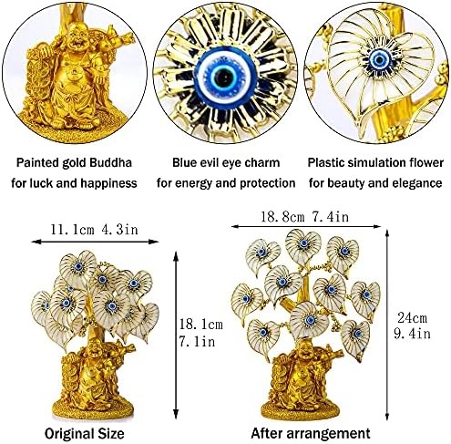 Blue Evil Eye Money Tree with Painted Golden Buddha Statue White Artificial Flowers Home Office Protection Decoration Feng shui Ornament
