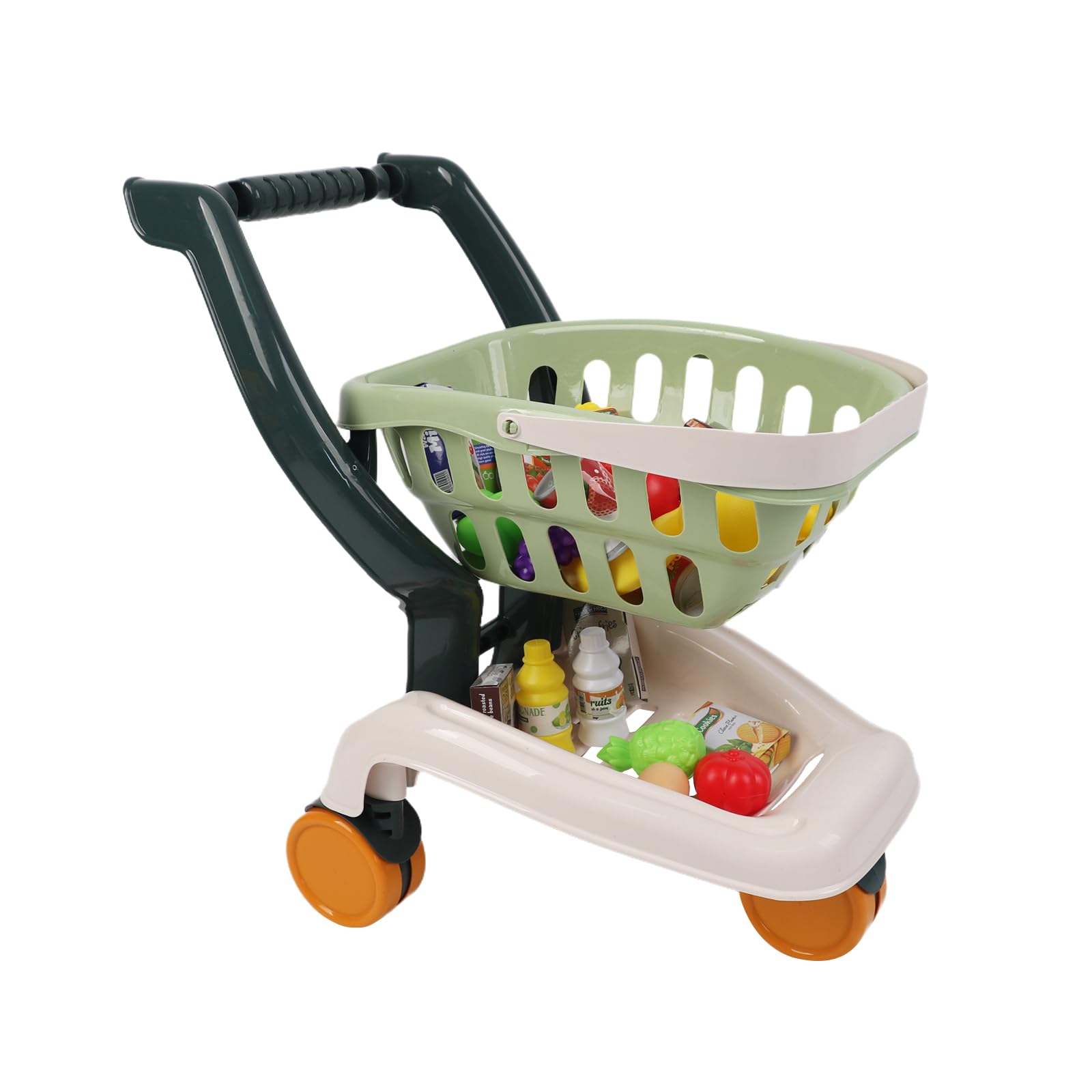 Kids Grocery Shopping Cart Toy Supermarket, 35-Piece Pretend Play Trolley Set with Food Fruit Vegetables Accessories, Green, Girl Boy Ages 3+