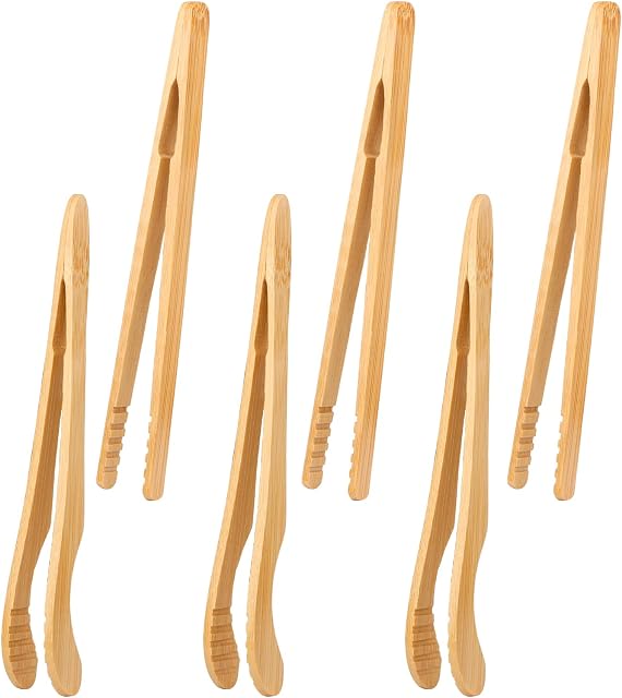 6 Pack Bamboo Toaster Tongs ,Natural Wooden Tongs for Cooking ,Sweet Tongs, Kongfu Tea Utensil Tweezers ,Kitchen Feeding Tongs for Bread, Fruit,Buffet,Salad