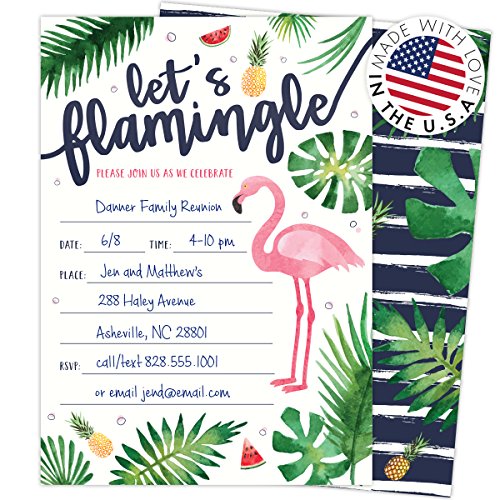 Let’s Flamingle Party Invitations with Pink Flamingo and Palm Leaves. 25 Hot Pink Envelopes and Fill in Invites for Soirees, Bridal Showers, Baby Showers, Birthdays, Graduations, Summer Parties - Thumbnail 4
