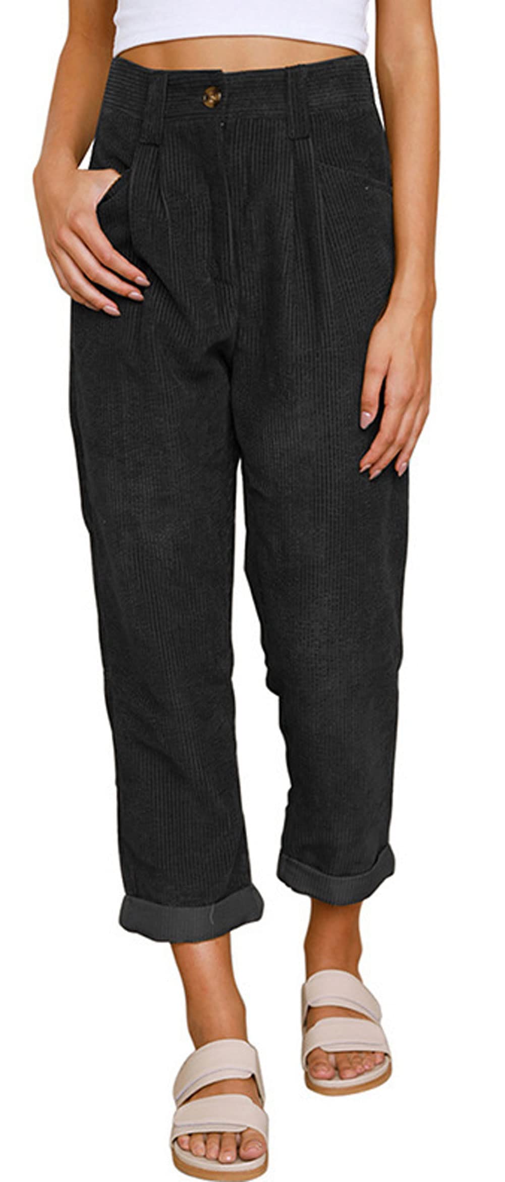 CHARTOU Women High Waisted Corduroy Pants Straight Leg Pleated Fall Lounge Pants Trousers