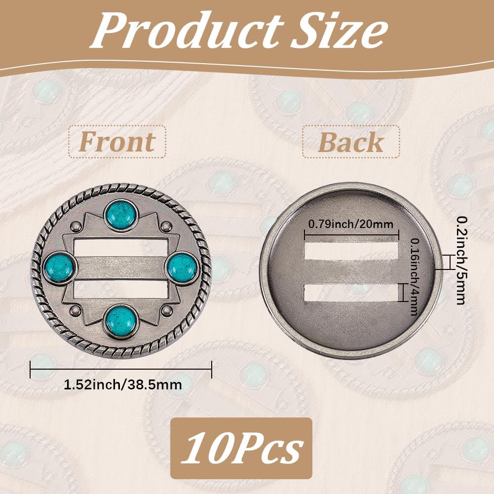 10Pcs Western Craft Slotted Turquoise Buckle Vintage Leathercraft Art Belt Buckles Antique Flat Round Slot Conchos Fasteners for Making Bracelets Bags Belts Hair Accessories Diy Supplies