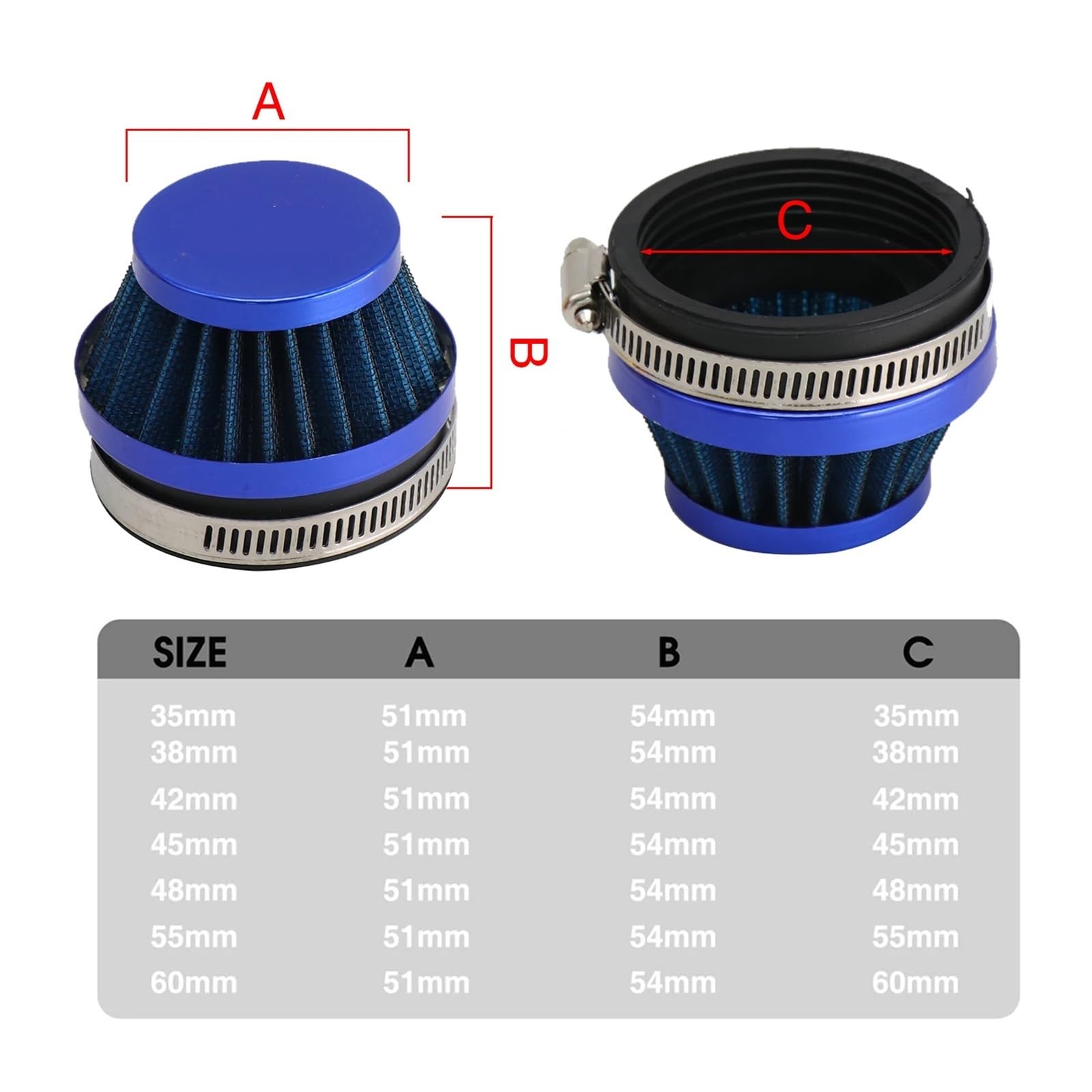 Filtre Air 28-48mm Filtre à Air Universel Pour Moto 28mm à 48mm - Bleu Et Noir - Compatible Honda Et Autres Filtre Air Sport Moto