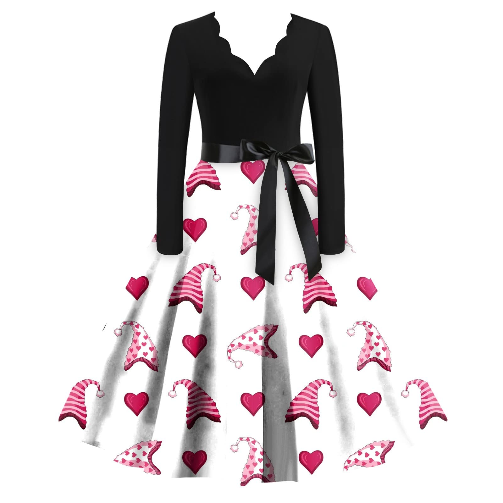 Womens Happy Valentines Day Knee Length Skater Dress Print Long Sleeve Casual Housewife Evening Party Prom Dress