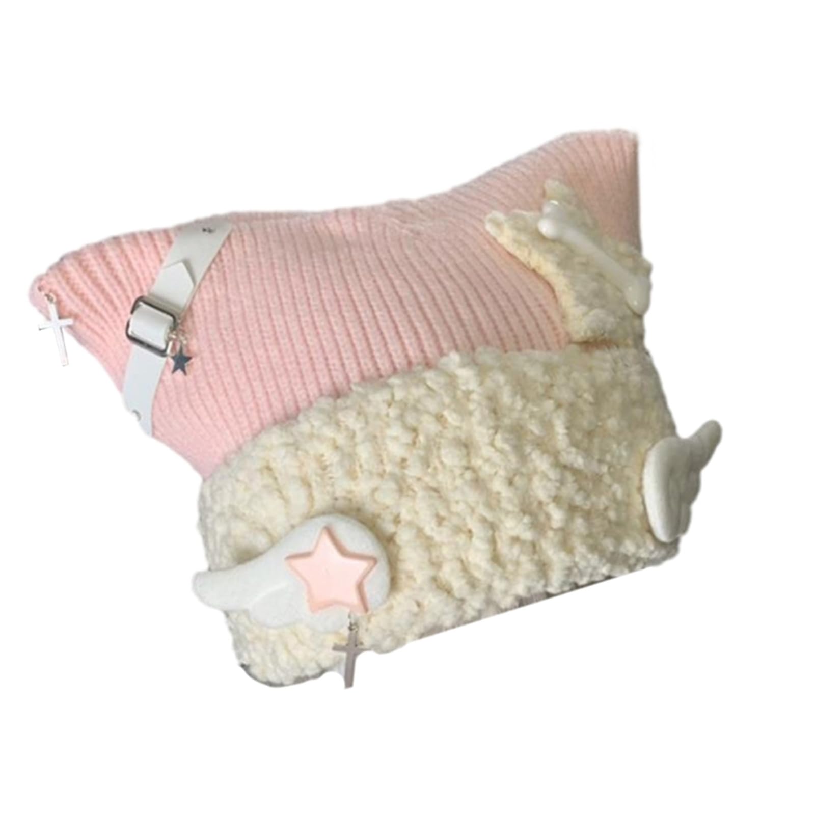 Cappello con orecchie di gatto lavorato a maglia per studenti Cappello invernale pieghevole stile Y2K per adulti Cappello punk con gioielli pendenti fatti a mano a forma di orecchio di gatto