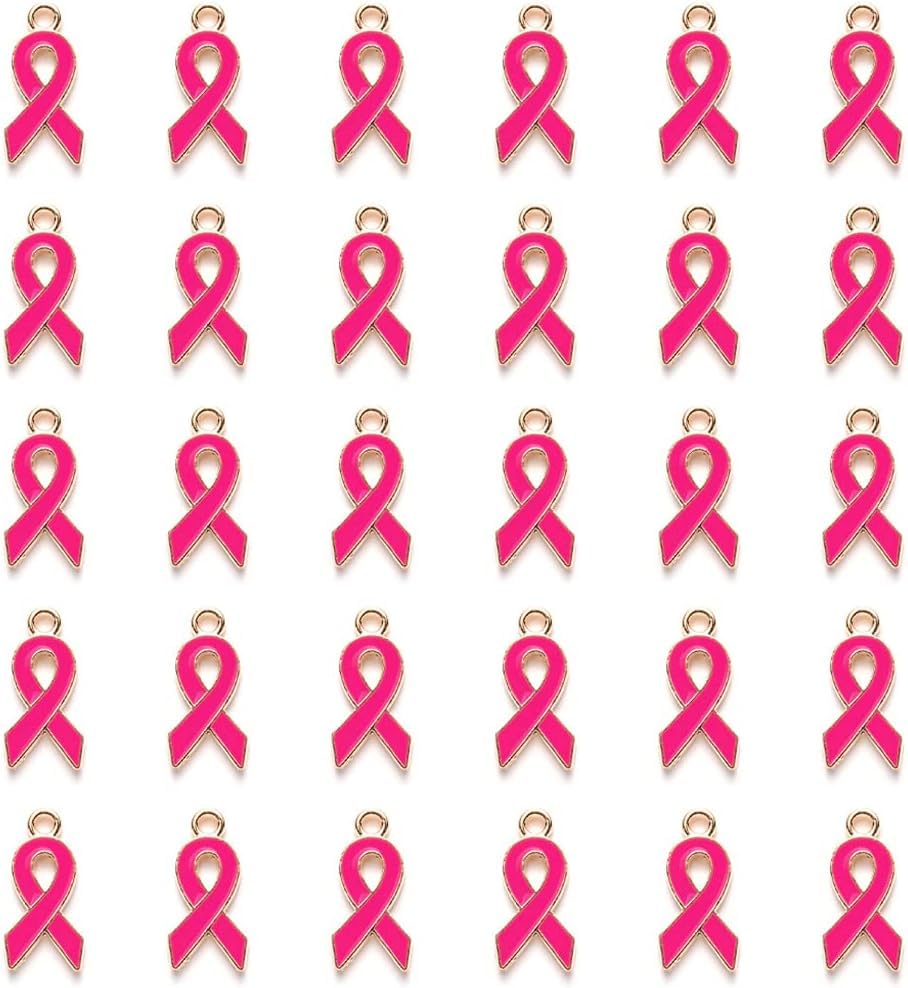 WsjiaboFux 30Pcs Pink Breast Cancer Awareness Charms Enamel Ribbon Pendant Charm Jewelry DIY Accessories Beading Supplies for Necklace Bracelet Making Crafts