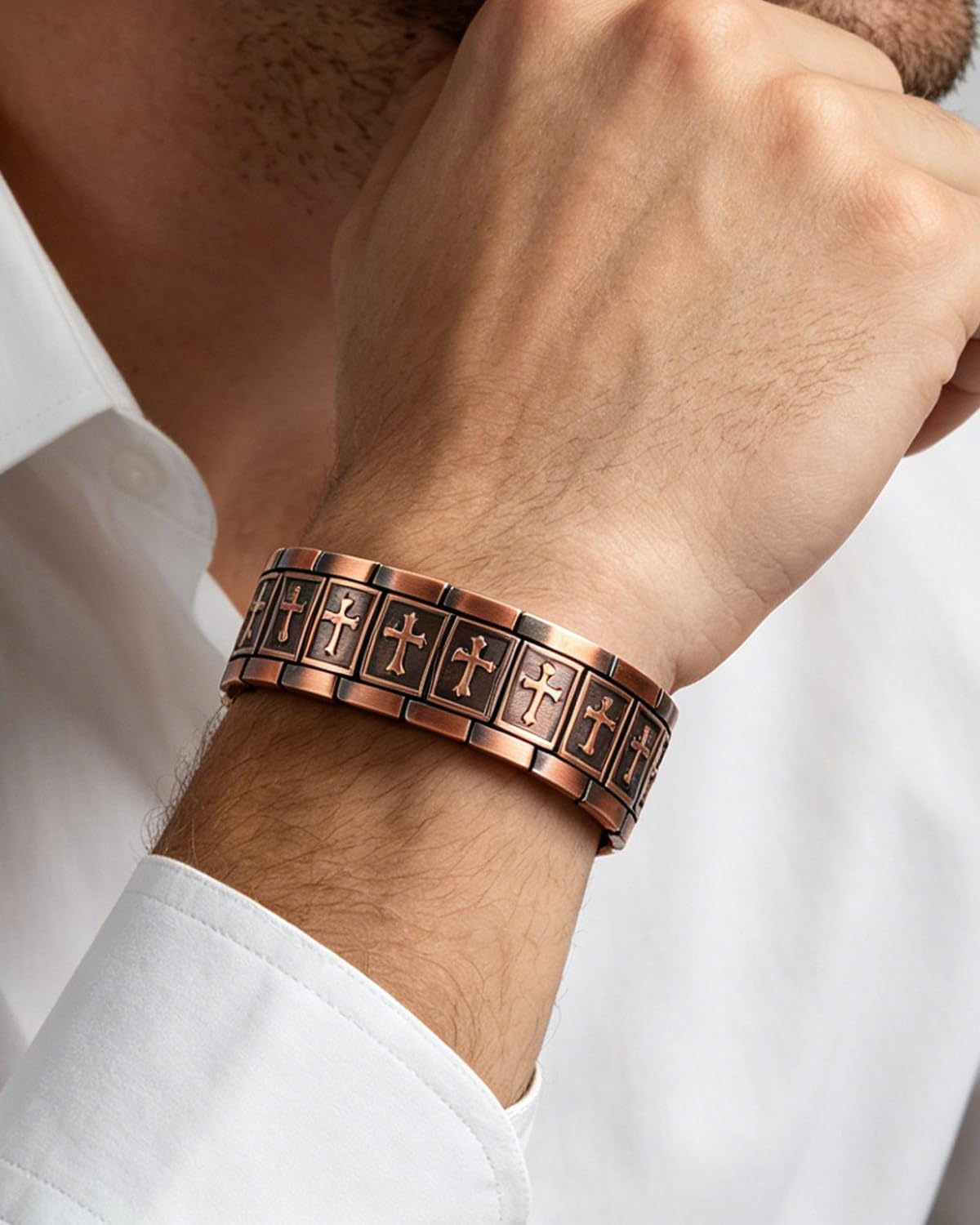 Copper Bracelet for Men, 99.99% Pure Copper Jewelry Cross Magnetic Bracelet with 4X Ultra Strength 3800 Gauss Magnets & Adjustable Sizing Tool