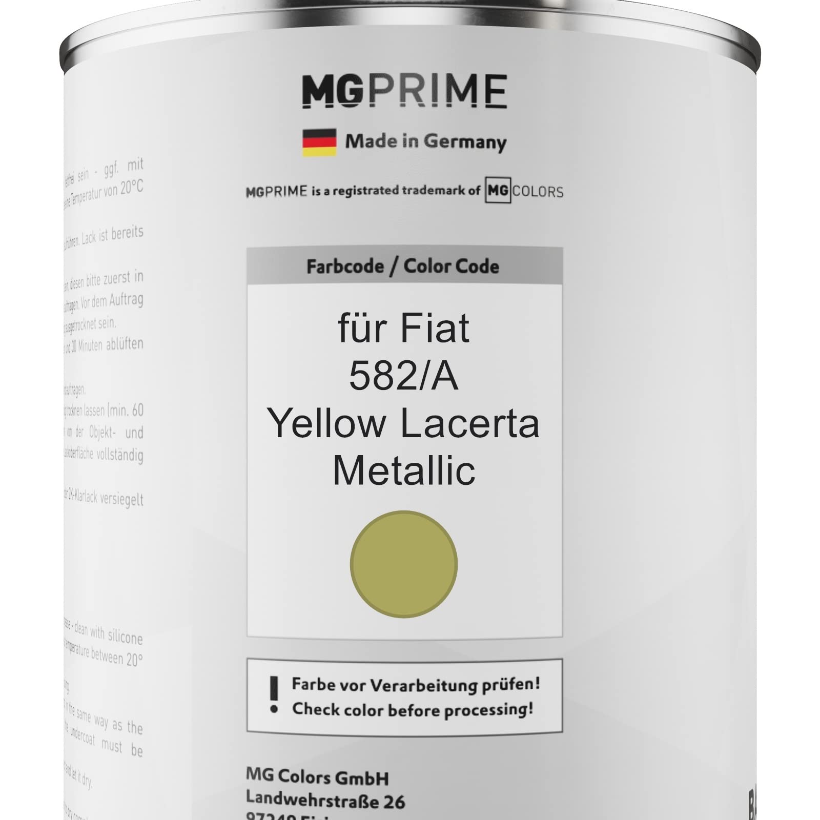 MG PRIME Lakier samochodowy Zestaw puszek dla Fiat 582/A Yellow Lacerta Metallic Lakier bazowy 2K Utwardzacz do lakieru bezbarwnego gotowy do natrysku 2,5L