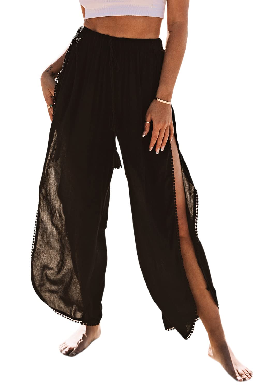 Women Sexy Side Split Solid Pant High Waist Drawstring Trousers Lightweight Wide Leg Casual Beach Lounge Pant