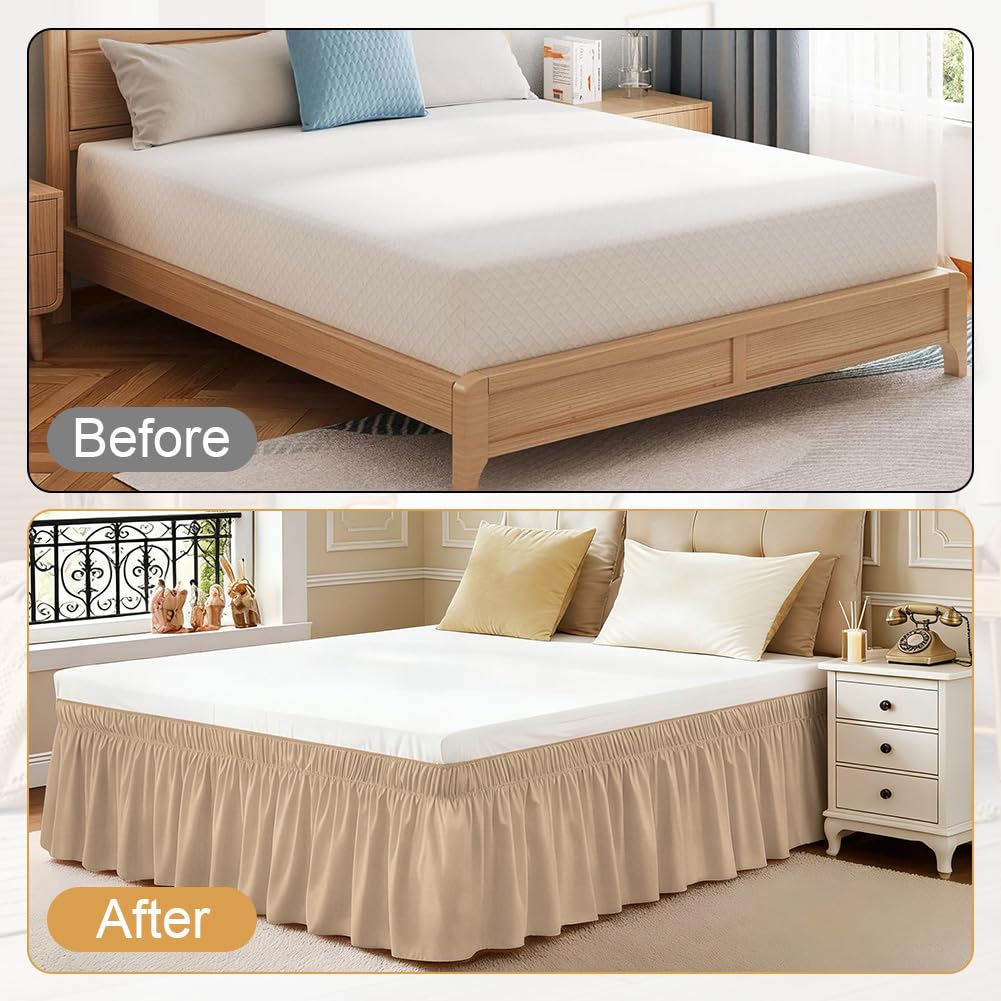 RANJIMA gonna da letto pieghettata, 153 x 203 cm, gonna da letto con balze, gonna da letto avvolgente, altezza 38 cm, volant copriletto con doppio elastico, regalo per donne, sabbia