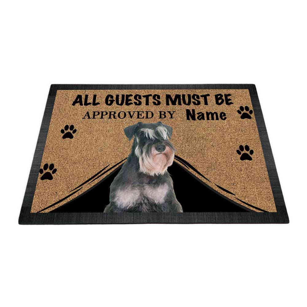 Spersonalizowana wycieraczka z napisem My Love Dog czarno-biała miniaturowa sznaucer powitalna mata podłogowa 'All Guests Must be Approved 70 cm x 40 cm