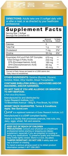 Miniatura 6 de Qunol Complejo avanzado de krill y aceite de pescado Omega 3, 10 veces mejor biodisponibilidad, una dosis de píldora, 250 mg de EPA y DHA, apoya la