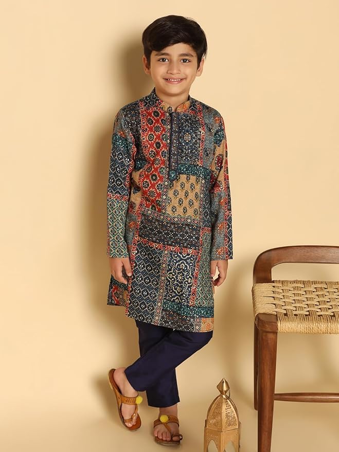 Image of KISAH Kids' Kurta - Printed Cotton Blend - Traditional Indian Ethnic Wear for Kids - Ideal for Weddings and Festivals