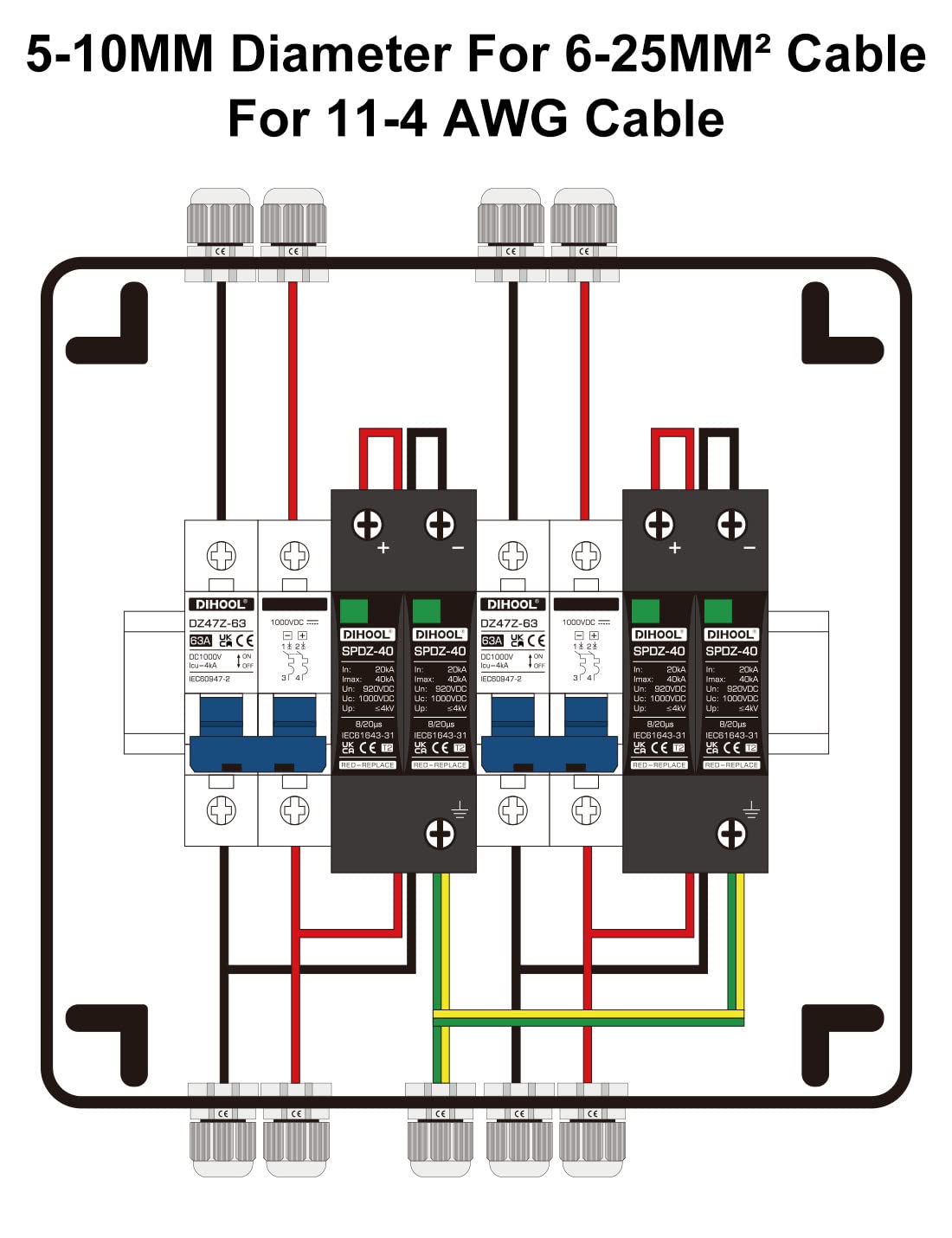 DIHOOL DC Disconnect Switch Box with PV Surge Protector, Solar Circuit Breaker, 40 Amp DC1000V 2 String 2 in 2 Out - Image 6