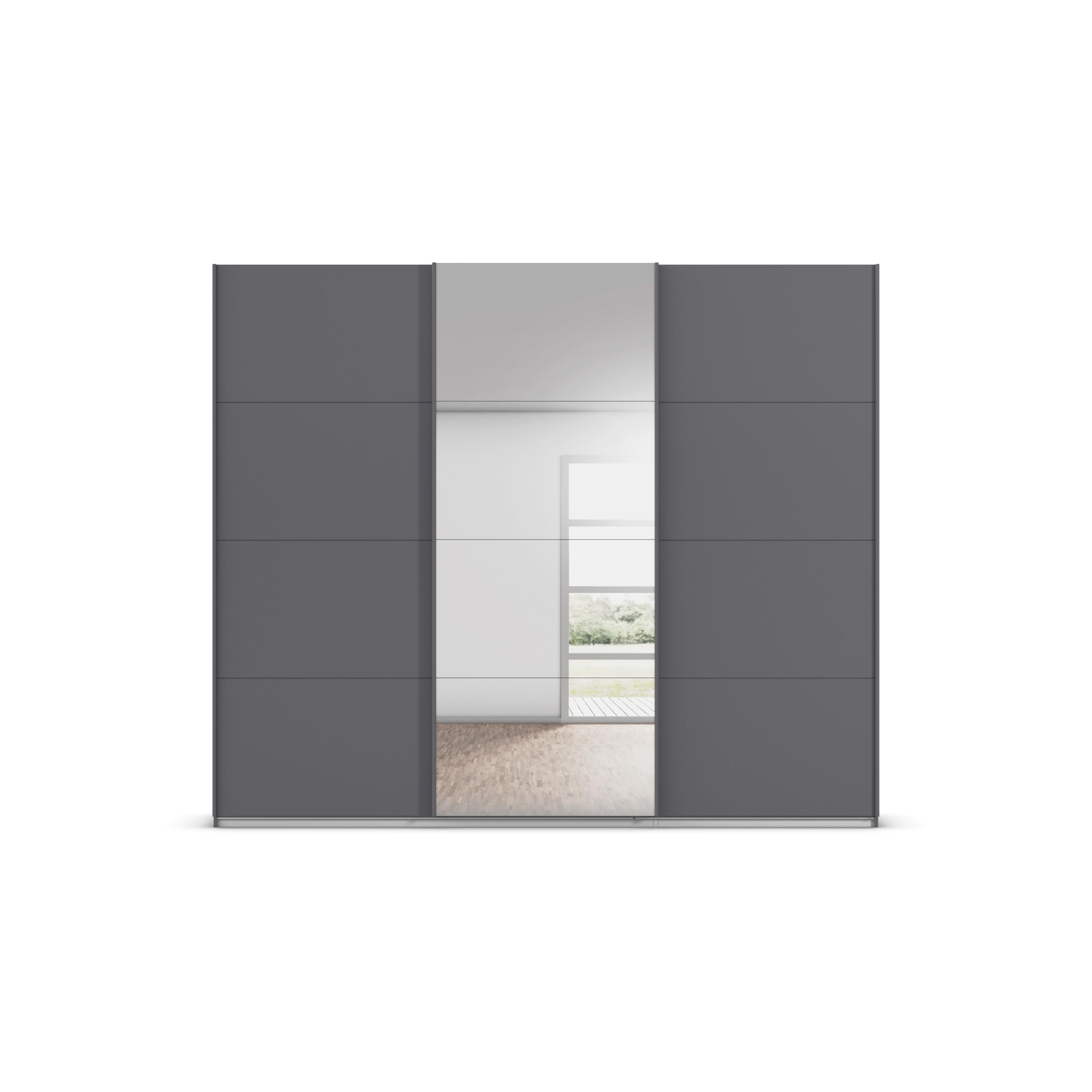 Rauch Möbel KULMBACH, Schwebetürenschrank, Grau metallic, Breite 271 cm | Kleiderschrank mit Schwebetüren, Schiebetüren, 3-türig, mit Spiegel, Zubehör Classic, Schlafzimmer, Jugendzimmer, Garderobe