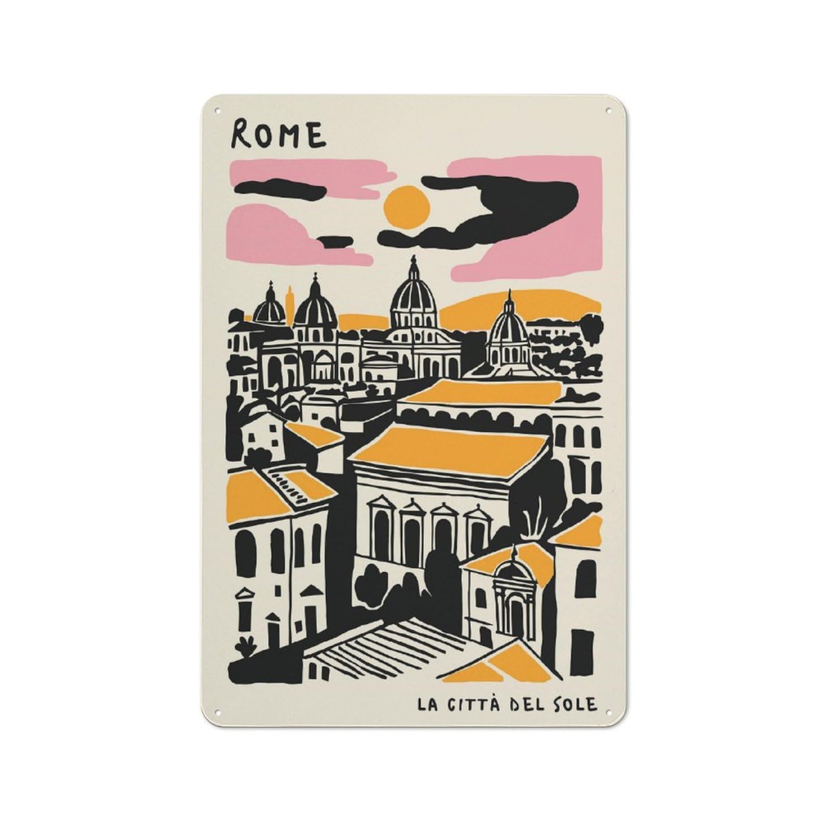 Junmoney Style-22 Rome Cityscape With Domes And Sun Distressed Look Metal Wall Decor 30X20cm, Vintage Tin Sign For Living Room, Hallway, Kitchen Or Cafe