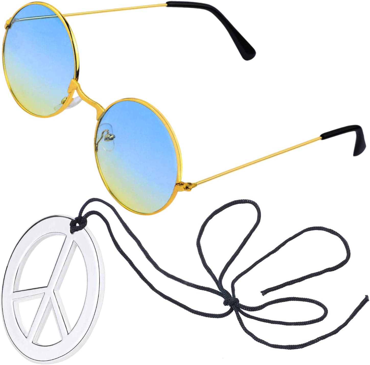 BeelittleHippie Costume Accessories for Men and Women - Retro Hippie 60's Style Circle Glasses Peace Sign Necklace