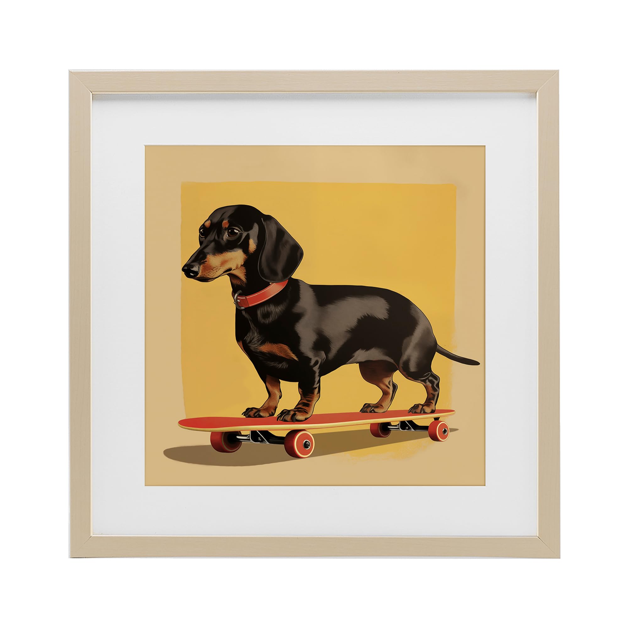 Stupell Industries Harvest Pine (Textured) 'Dachshund On Red Skateboard'| Framed Print Under Glass