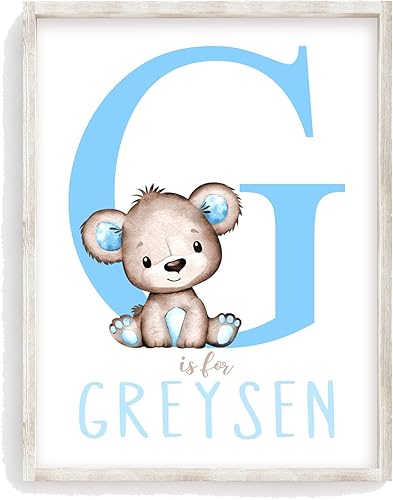 Arte de pared personalizado con diseño de oso de acuarela azul para bebé niño, decoración de guardería, sin marco, monograma inicial de letra con