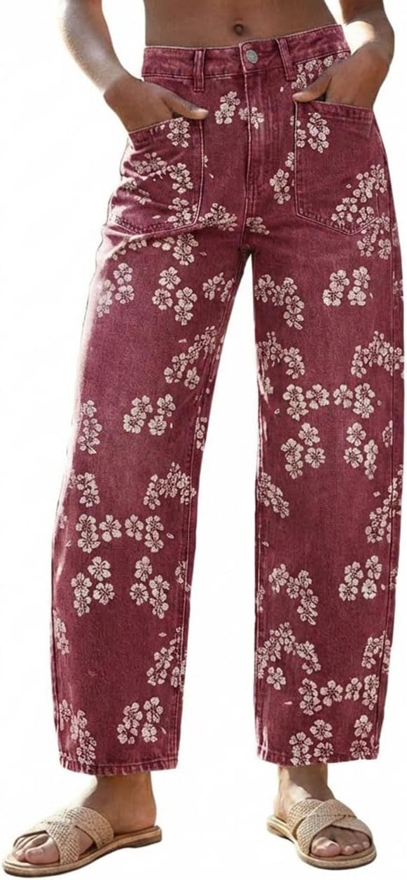utcoco Women's Floral Print Barrel Jeans Y2k Baggy Wide Leg Mid Rise Cropped Denim Pants Relaxed Fit Trousers for Daily Wear