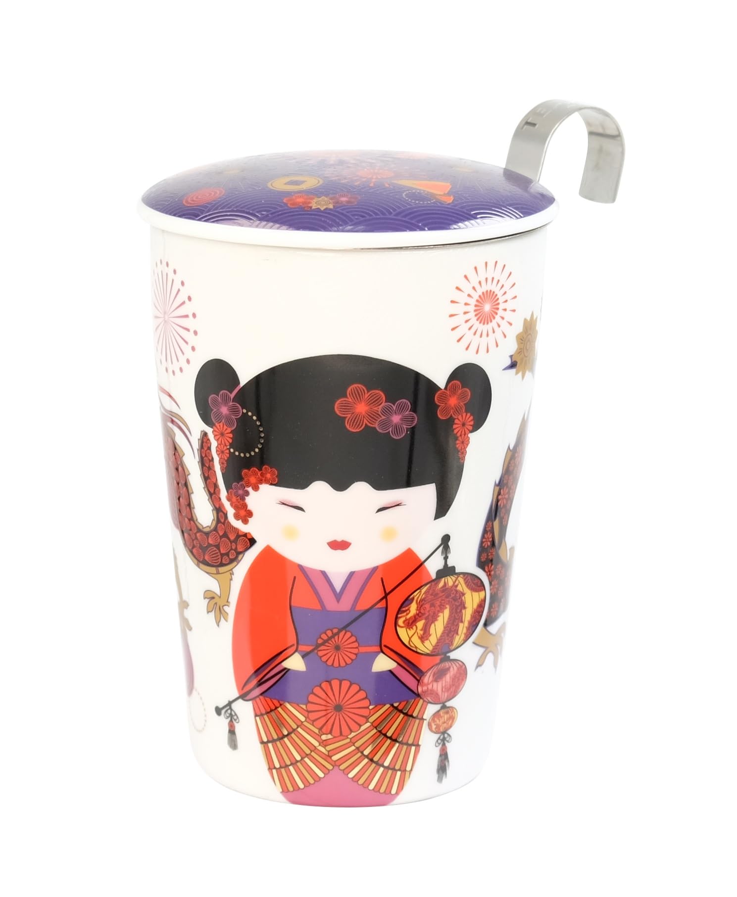 Eigenart Teaeve 80066 Sweet Little Geisha Fire Tasse à double paroi en porcelaine avec couvercle et passoire en acier inoxydable sans BPA 350 ml