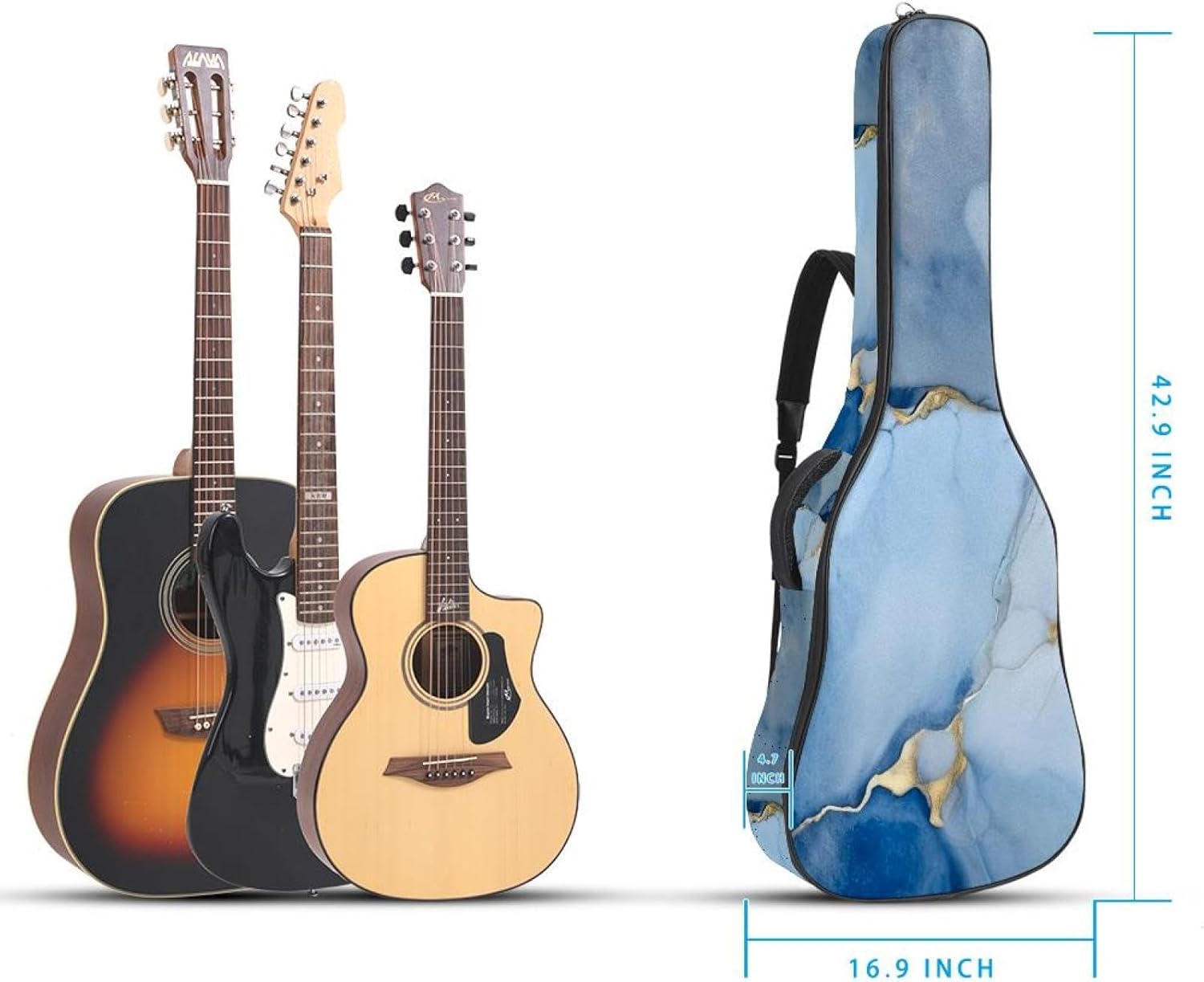 Art Marble Guitar Bag 40 41 42 In 2 Pockets Guitar Case Waterproof Guitar Case Resistent Oxford Cloth 0.4 In Extra Thick Sponge Padded for Acoustic Guitar